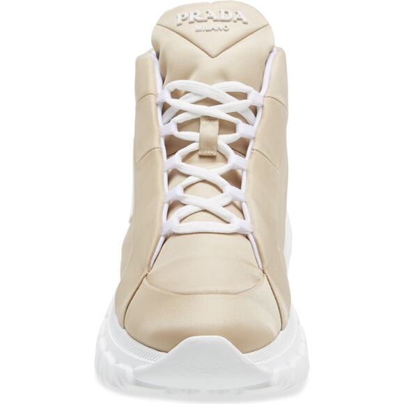 Prada Rush Piuma Nylon Beige White Platform Flat High Top Trainer Sneaker 39 - Picture 6 of 12
